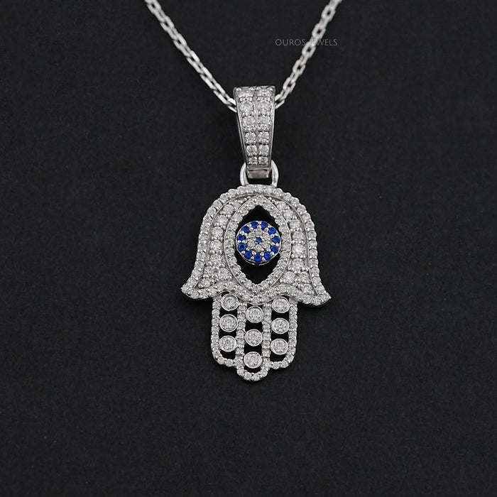 Sapphire And Lab Diamond Round Cut Hamsa Hand Men's Pendant Necklaces