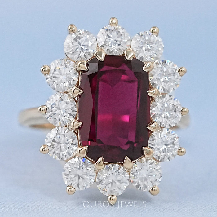 Ruby Elongated Cushion Gemstone Halo Diamond Ring