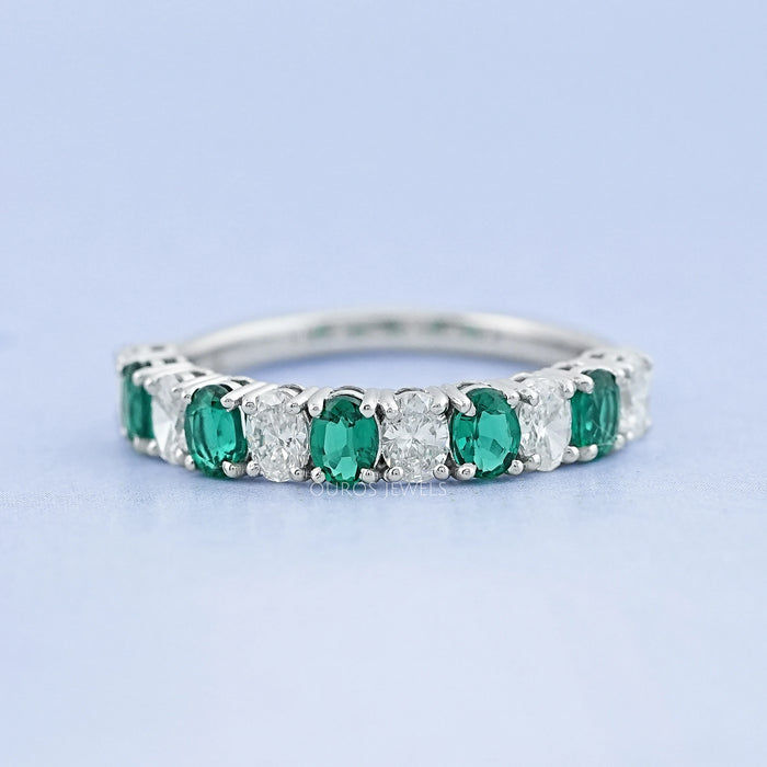 Green Oval Gemstone Half Eternity Wedding Band Rings