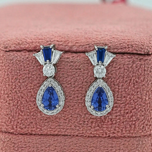 Pear Blue Gemstone And Tapered Baguette Halo Drop Earrings Earrings