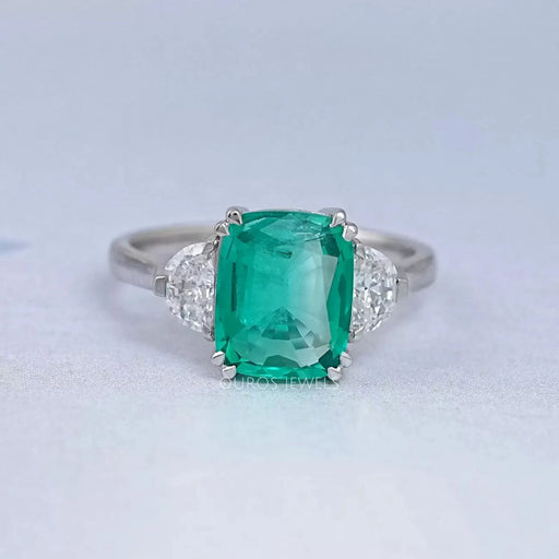 Green Cushion And Half Moon Trio Engagement Ring Rings