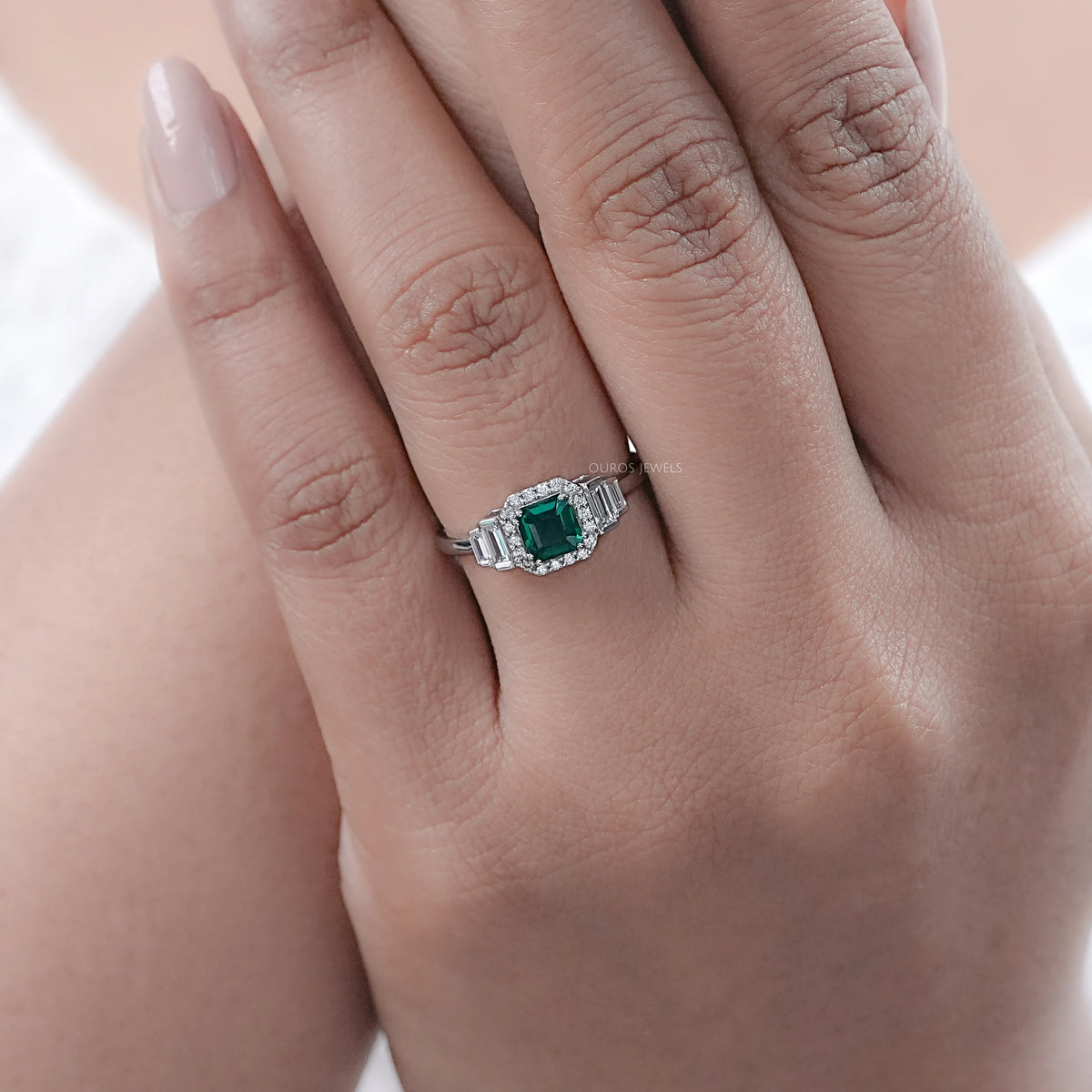 Green Asscher Gemstone Halo Diamond Engagement Ring