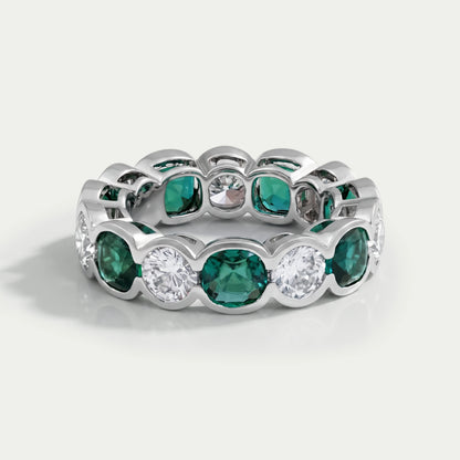 Green Zambian Cushion Half Bezel Wedding Band