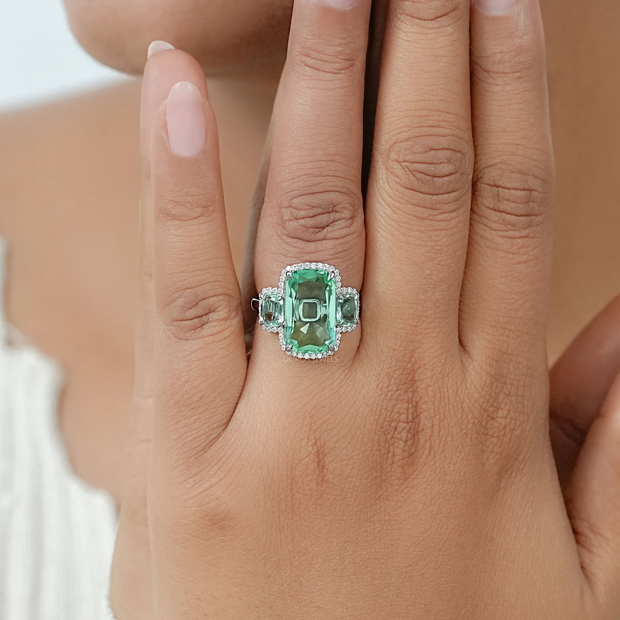 Trilogy Mint Green Cushion Gemstone Halo Ring