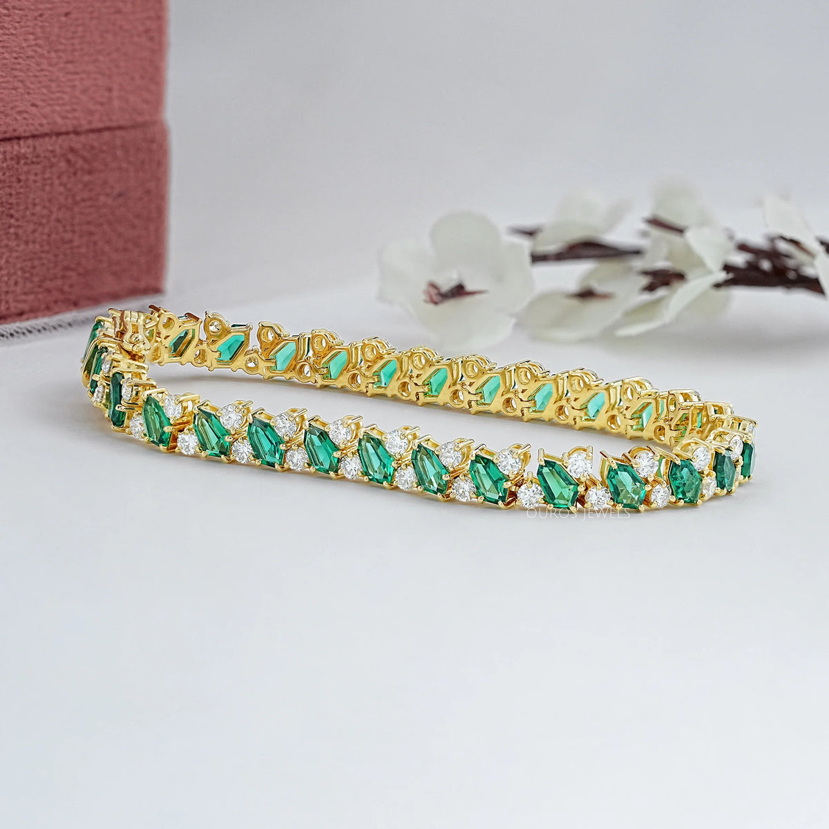Shield Cut Green Gemstone And Diamond Bracelet Bracelet
