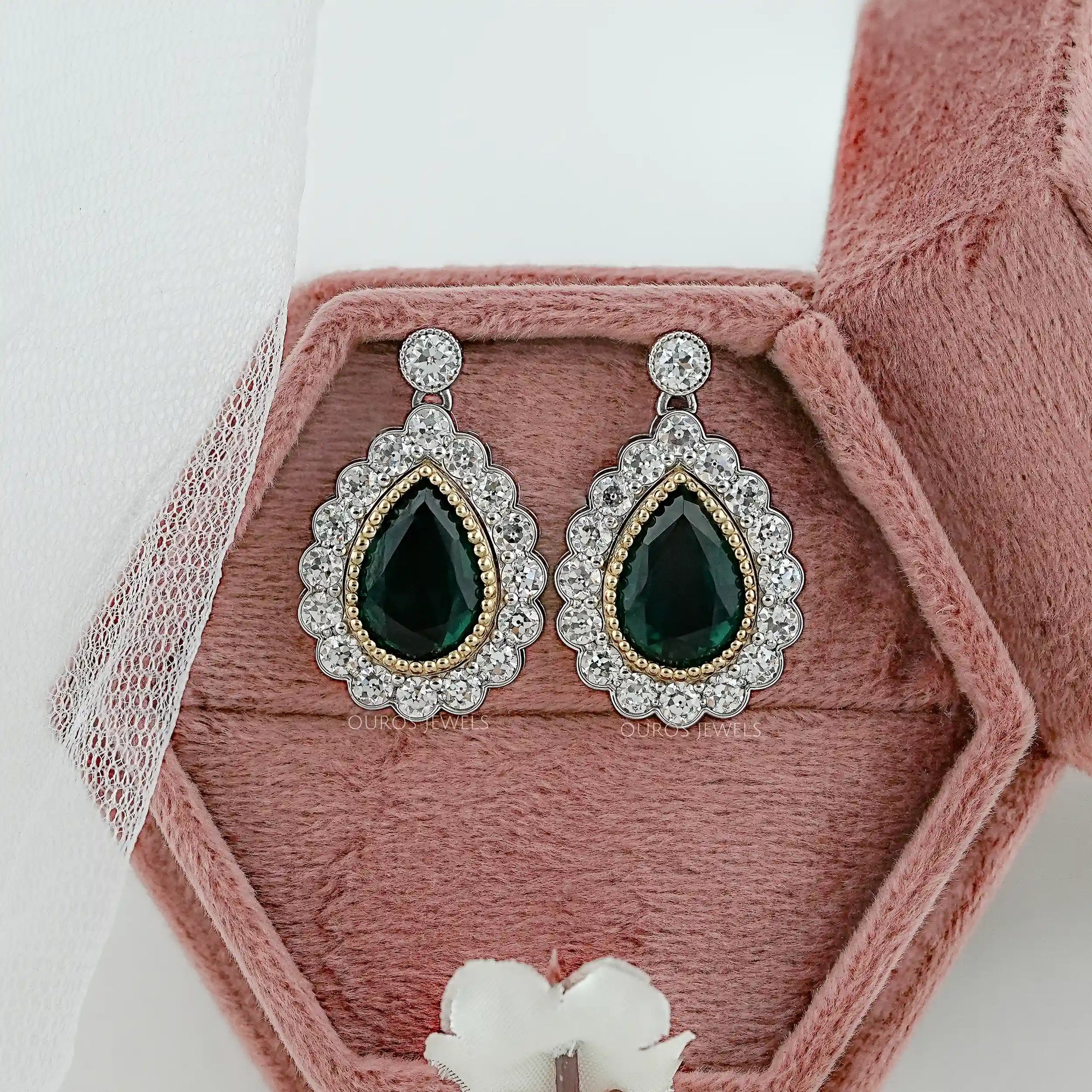 Green Pear Gemstone And Lab Diamond Halo Drop Earrings Earrings
