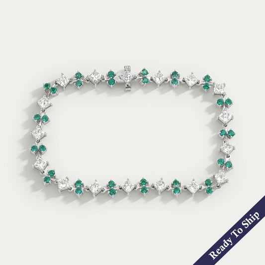 Green Gemstone And Princess Diamond Linked Bracelet