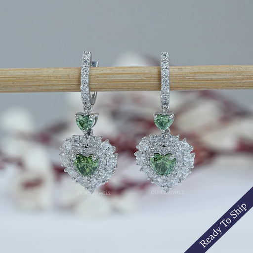 Green Heart Lab Diamond Halo Dangle Earrings Earrings