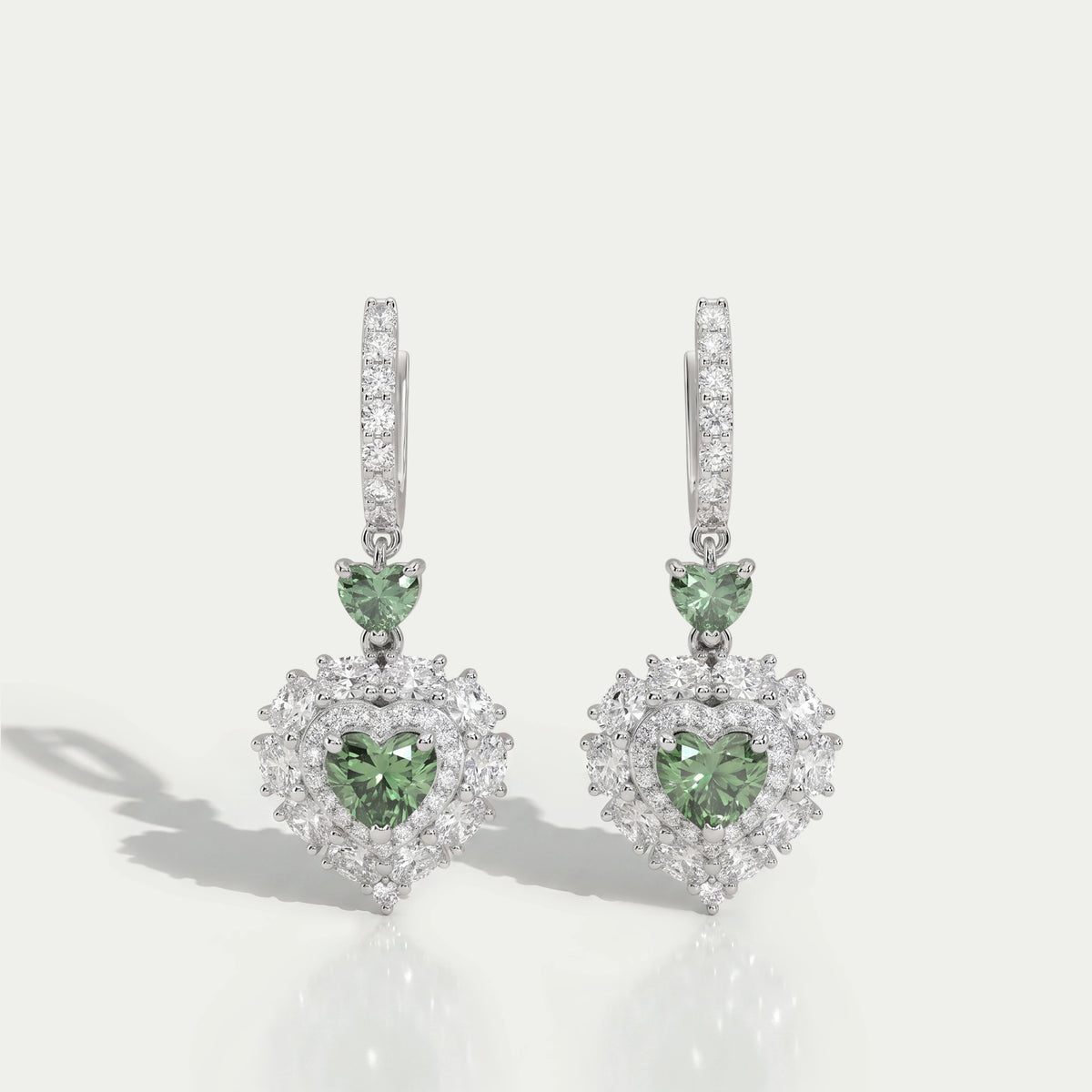 Green Heart Diamond Halo Set Dangle Earring
