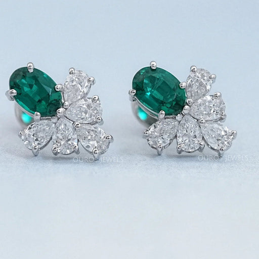 Green Oval And Pear Lab Diamond Floral Stud Earrings Earrings