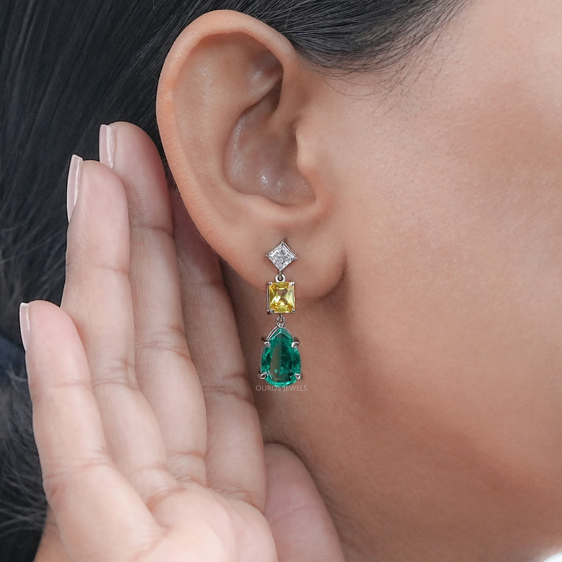 Green Pear And Yellow Radiant Diamond Drop Earrings Earrings