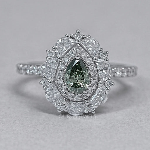 Green Pear Cut Surround Double Halo Diamond Engagement Ring Rings