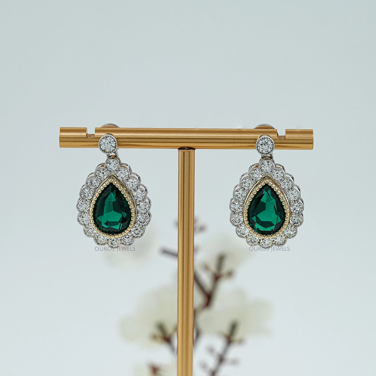 Green Pear Gemstone And Lab Diamond Halo Drop Earrings Earrings
