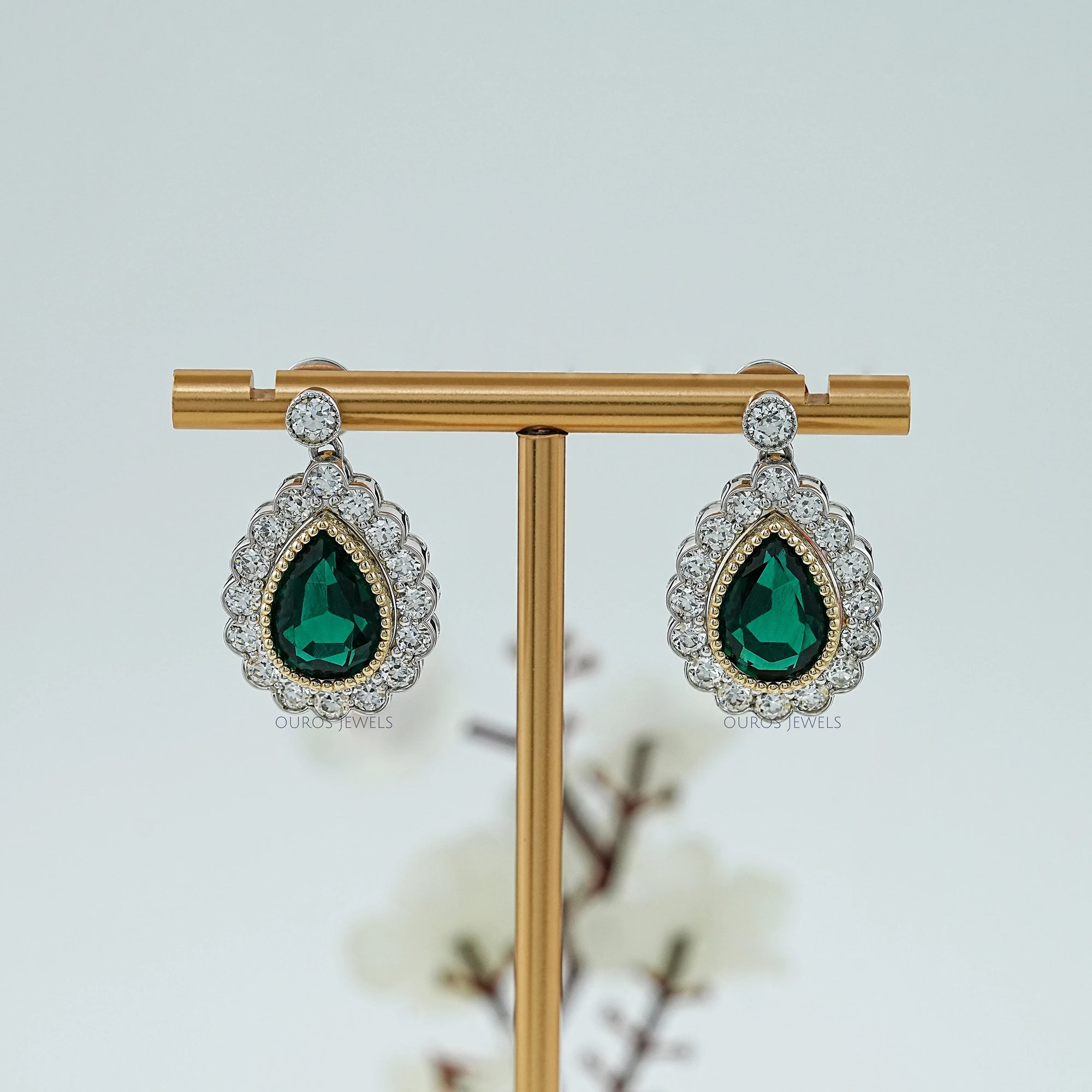 Green Pear Gemstone And Lab Diamond Halo Drop Earrings Earrings