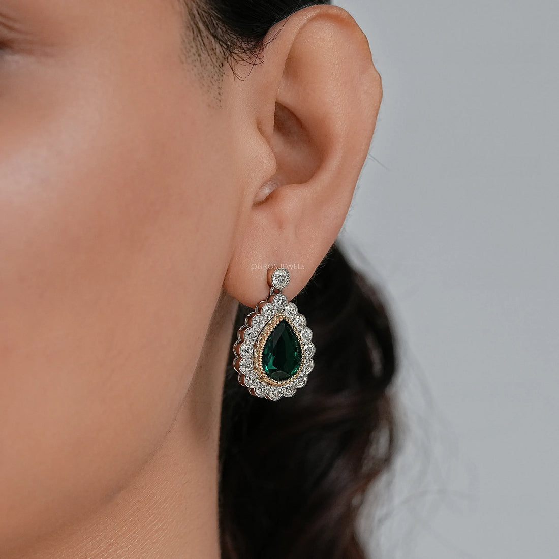 Green Pear Gemstone And Lab Diamond Halo Drop Earrings Earrings