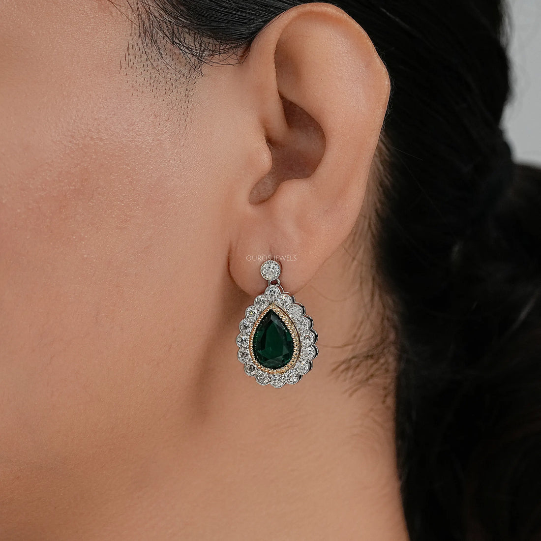 Green Pear Gemstone And Lab Diamond Halo Drop Earrings Earrings