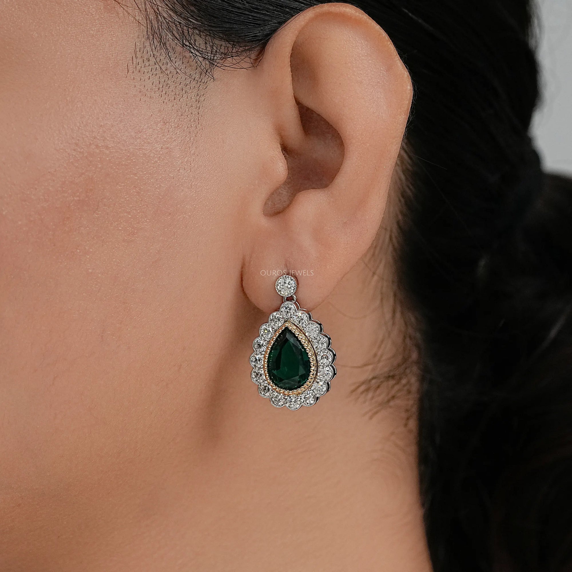 Green Pear Gemstone And Lab Diamond Halo Drop Earrings Earrings