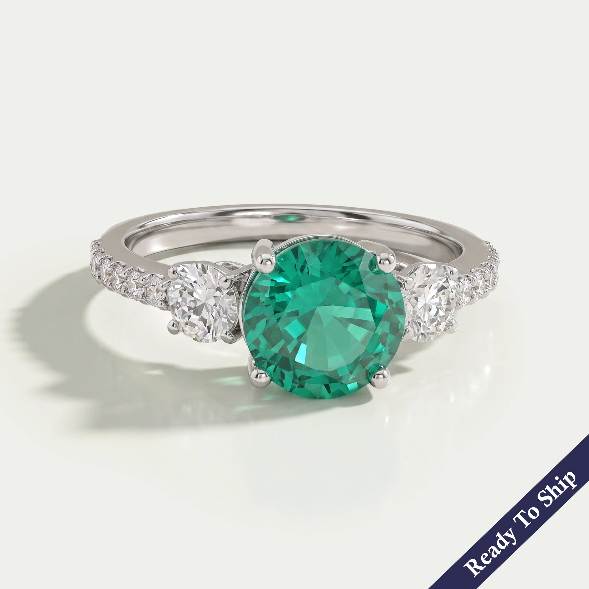 Green Round And Diamond Three Stone Accent Diamond Ring