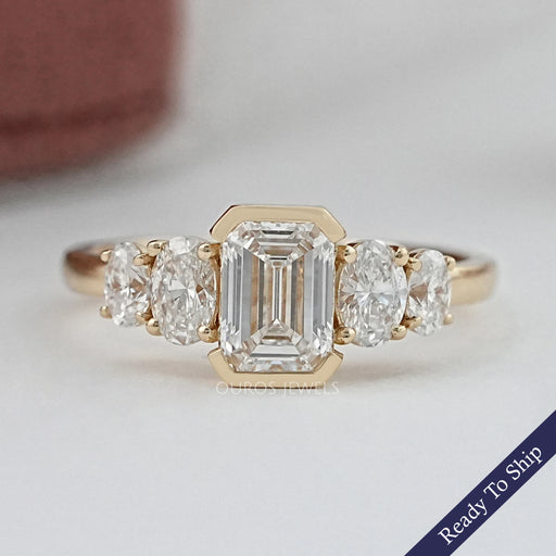 Half Bezel Emerald And Oval Five Stone Engagement Ring Rings