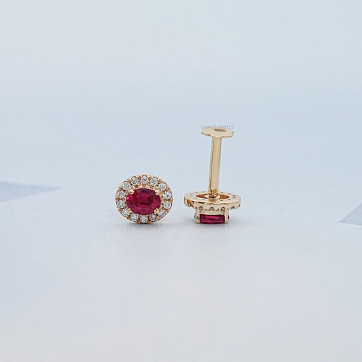 Ruby Oval Gemstone Halo Set Stud Earring Earring