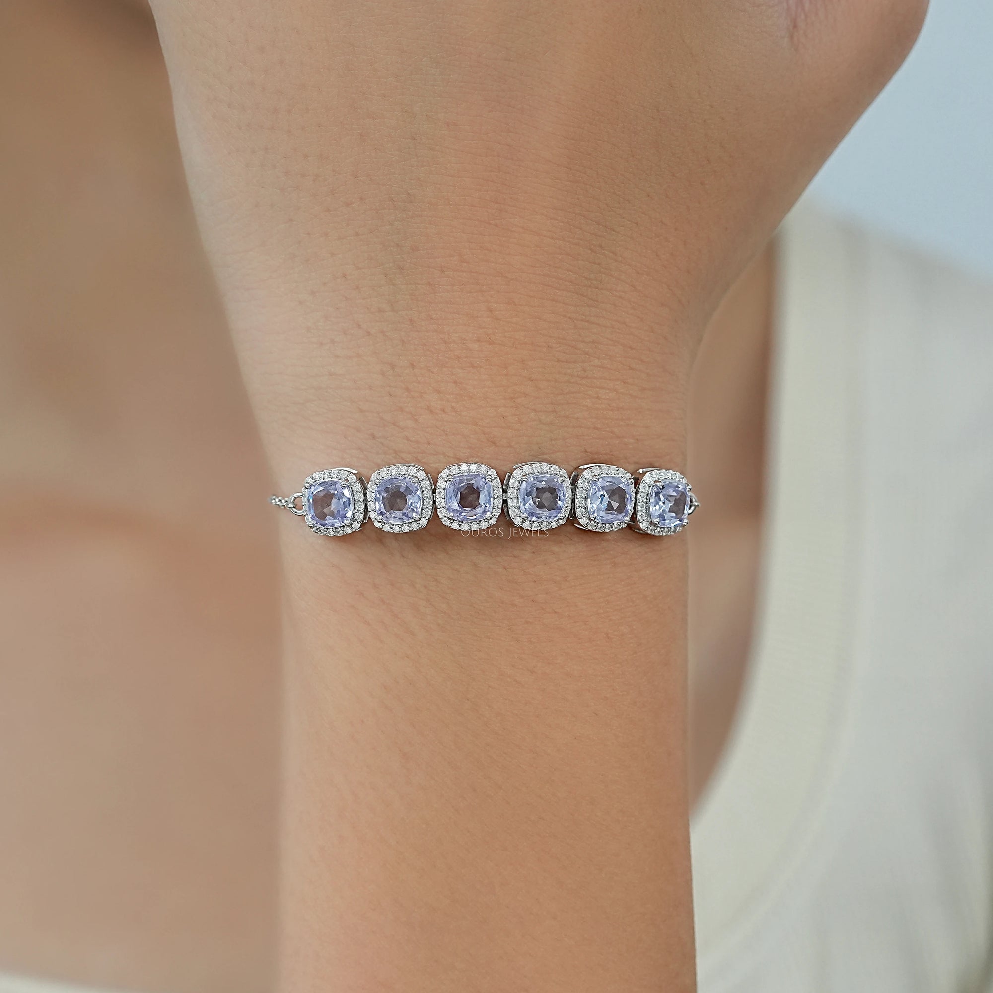 Light Purple Square Cushion Gemstone Halo Bracelet