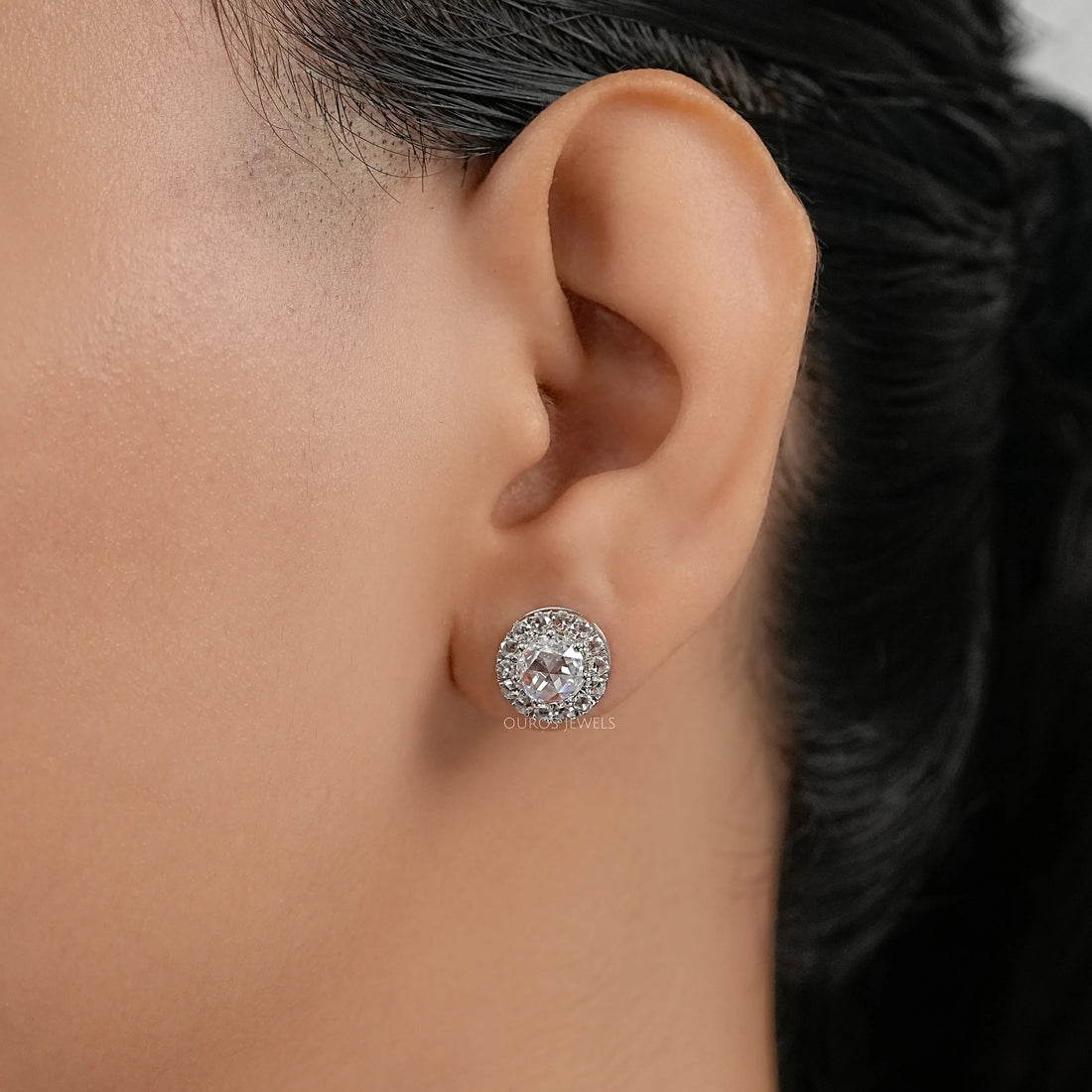 Rose Cut Round Diamond Halo Stud Earrings Earring