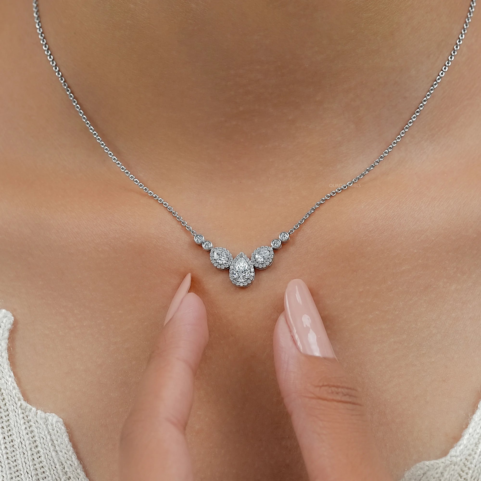 Pear Cut Halo Teardrop Chain Necklace