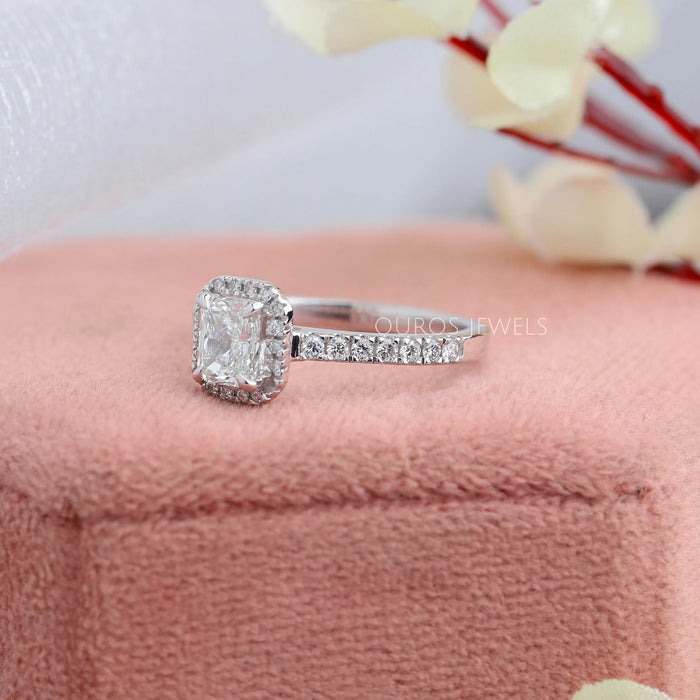 Radiant Cut Halo Solitaire Accent Diamond Ring