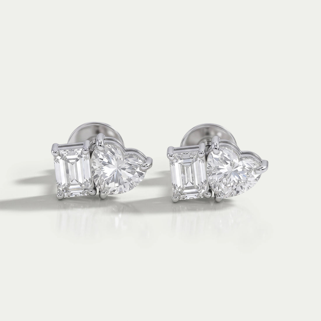 Heart And Emerald Diamond Minimal Two Stone Studs Earrings