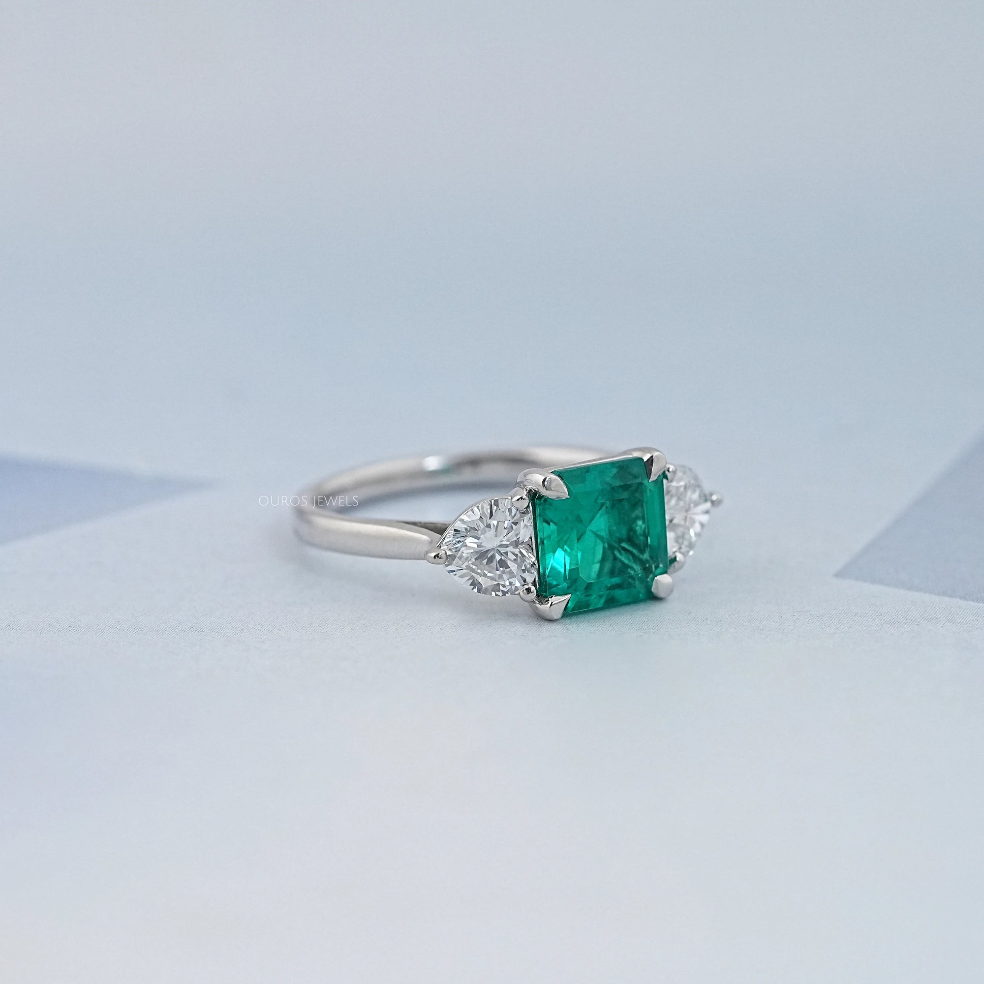 Green Asscher Gemstone Three Stone Engagement Ring Rings
