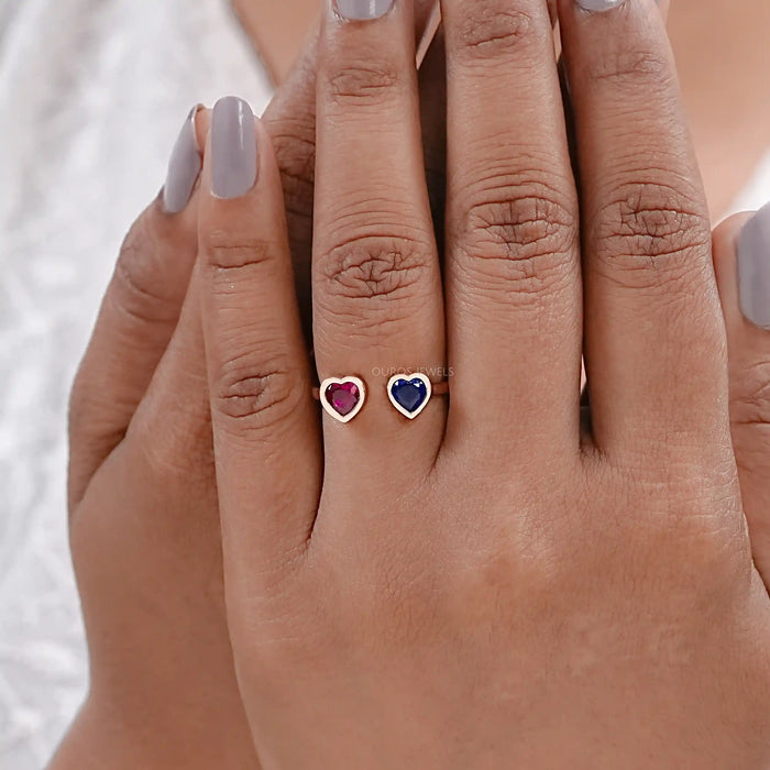 Sapphire And Ruby With Heart Open Cuff Ring Rings