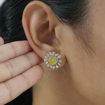 Yellow Heart Lab Diamond Double Halo Stud Earrings Earrings