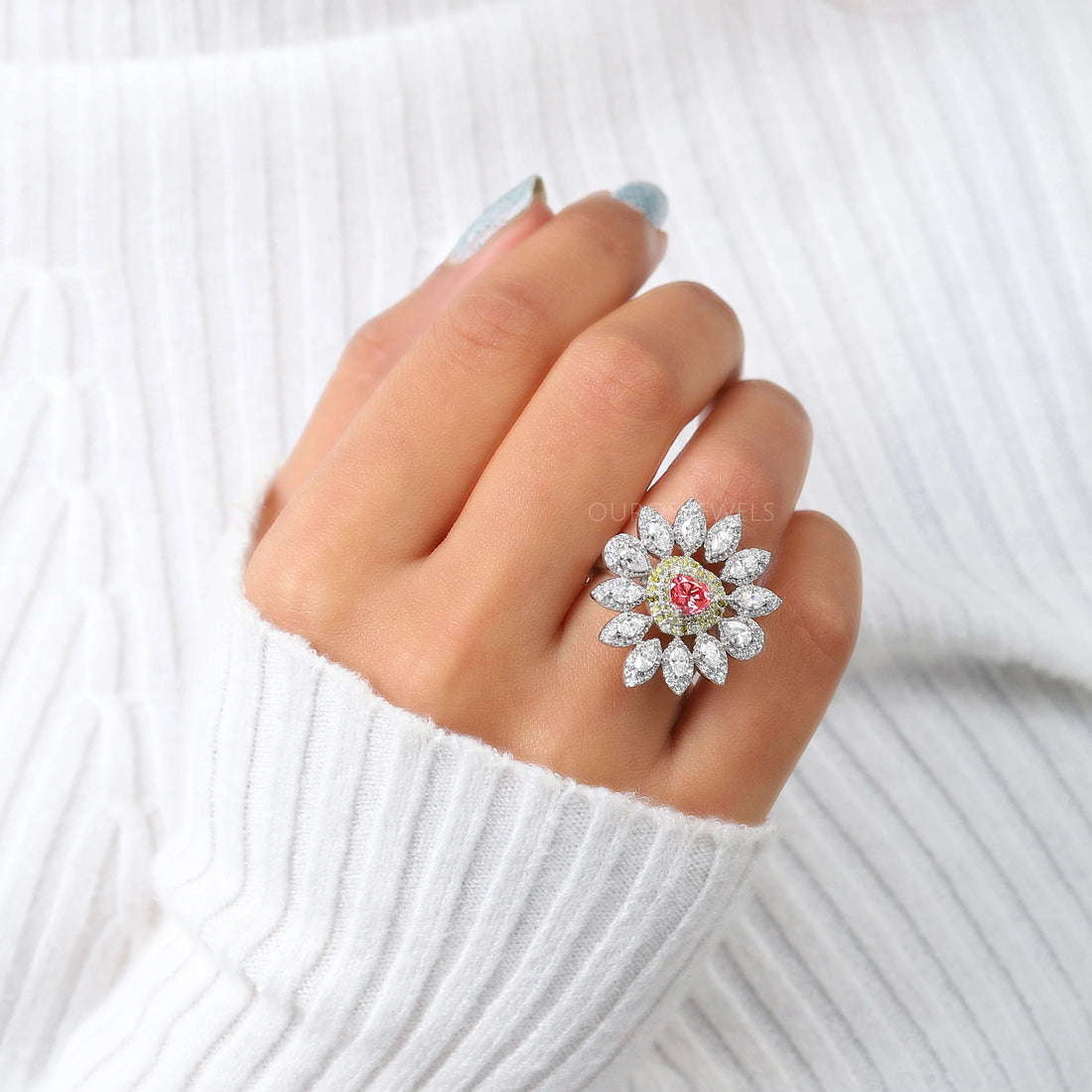 Floral Vintage Pink Heart Cut Diamond Engagement Ring