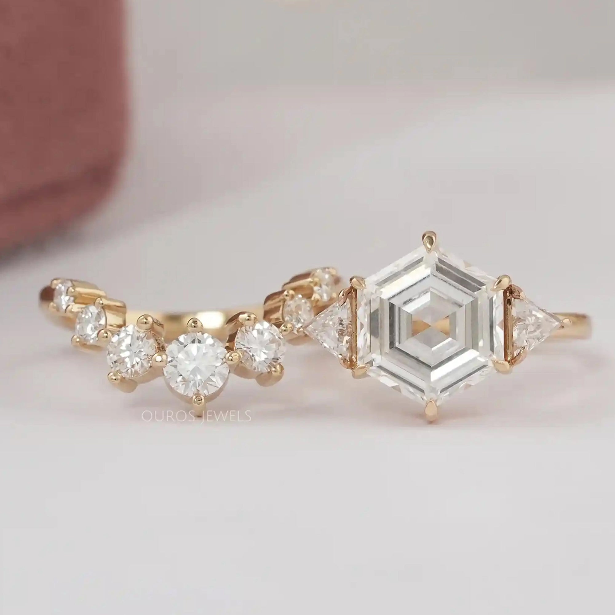 Antique Hexagon Cut Three Stone Curved Bridal Ring Set Rings