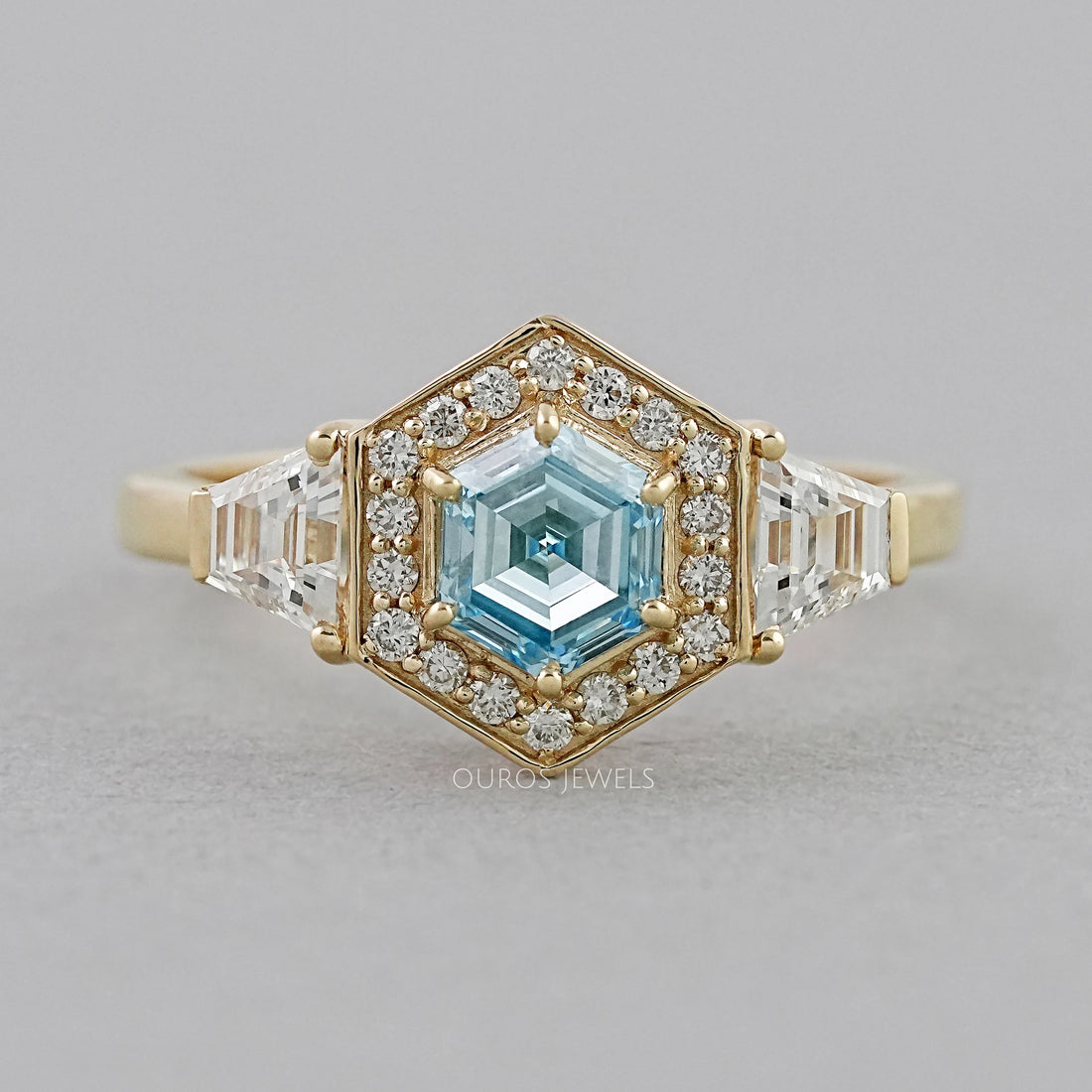 3 Stone Blue Hexagon Cut Halo Diamond Engagement Ring Ring