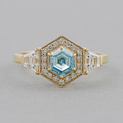 3 Stone Blue Hexagon Cut Halo Diamond Engagement Ring Ring