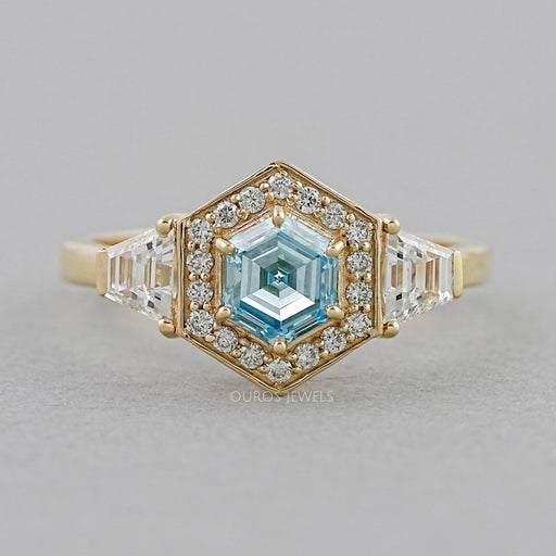 3 Stone Blue Hexagon Cut Halo Diamond Engagement Ring Ring