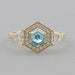 3 Stone Blue Hexagon Cut Halo Diamond Engagement Ring Ring