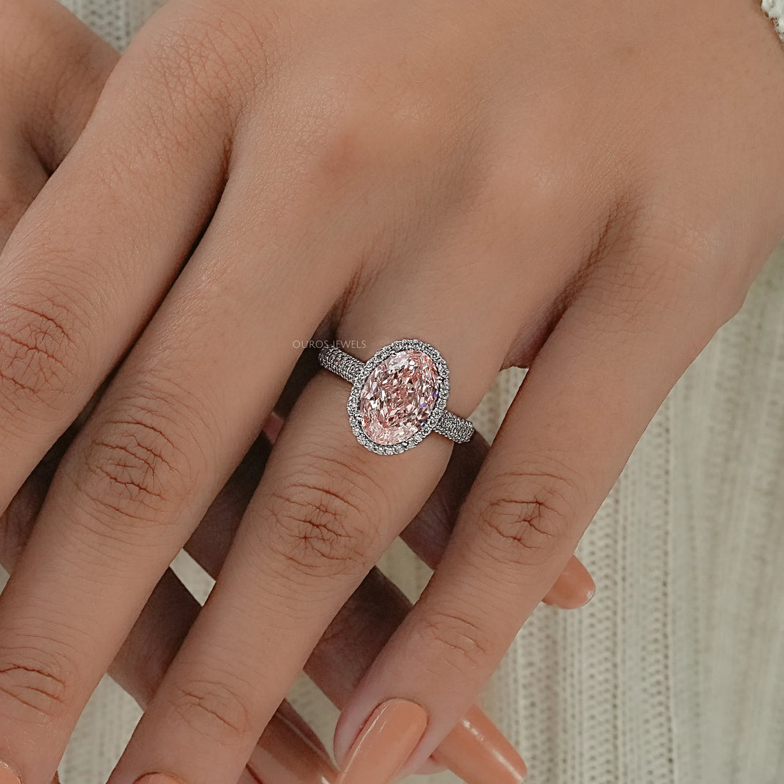 Fancy Pink Oval Diamond Pave Set Accent Ring Ring