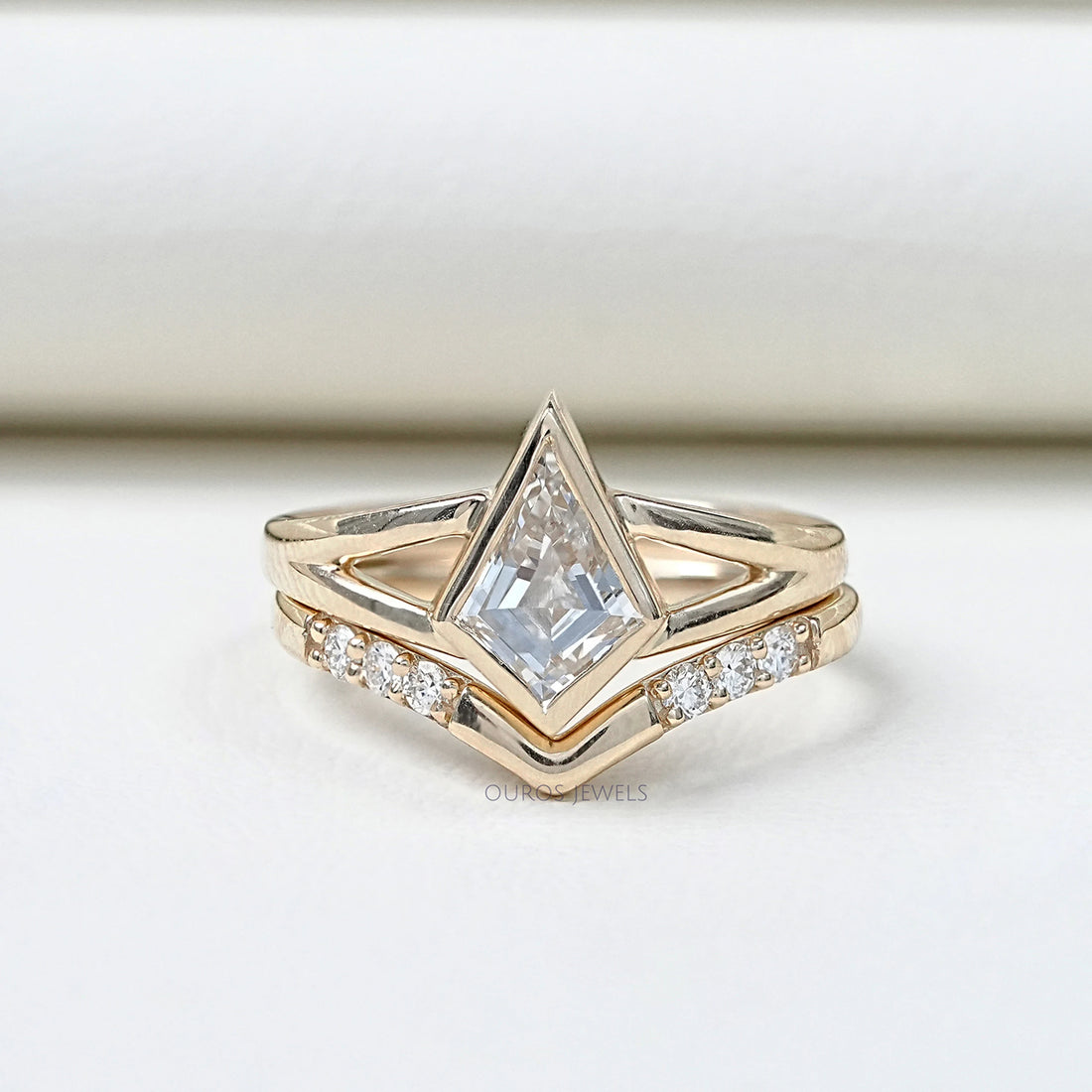 Kite Cut Lab Diamond Bezel Set Bridal Ring Set Rings
