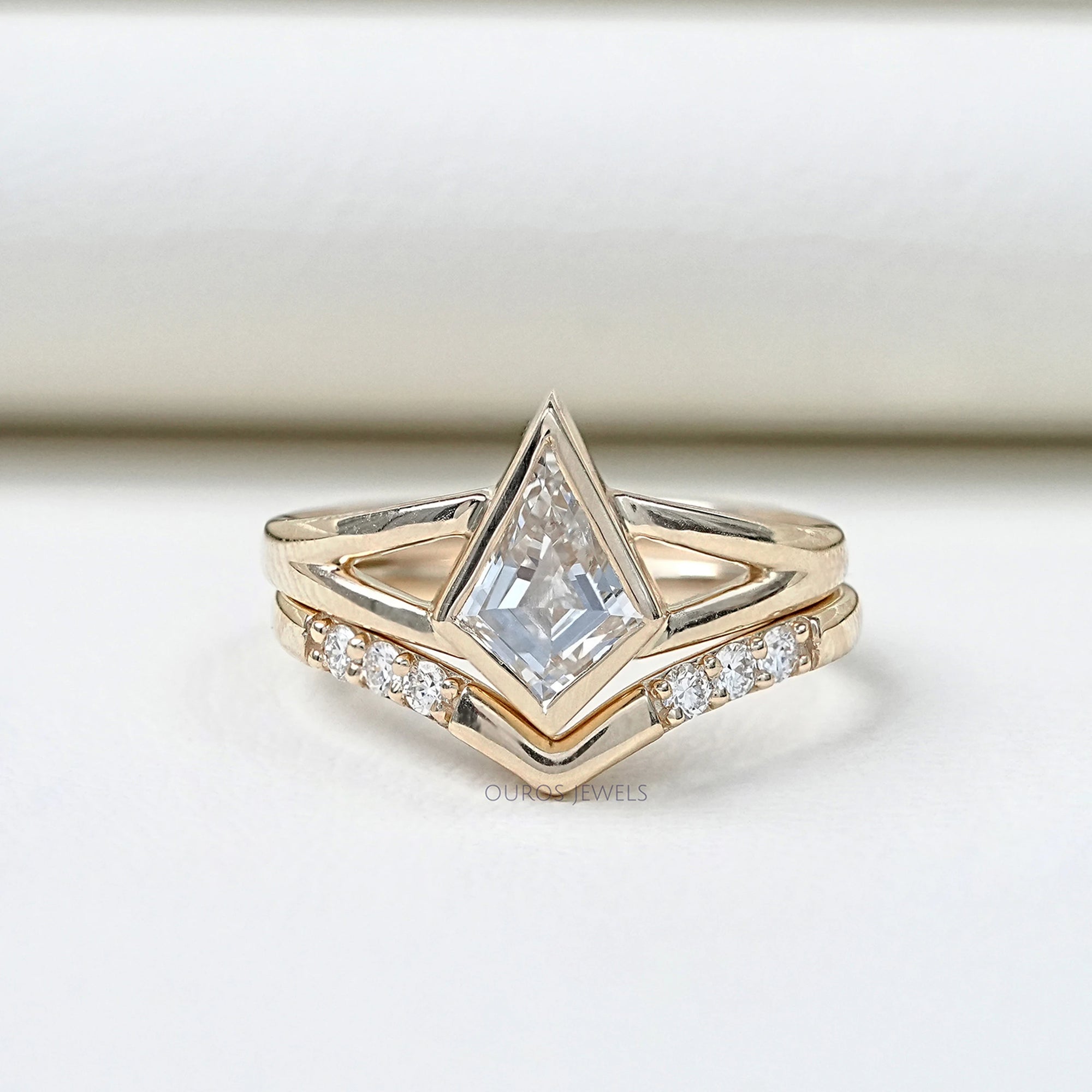 Kite Cut Lab Diamond Bezel Set Bridal Ring Set Rings