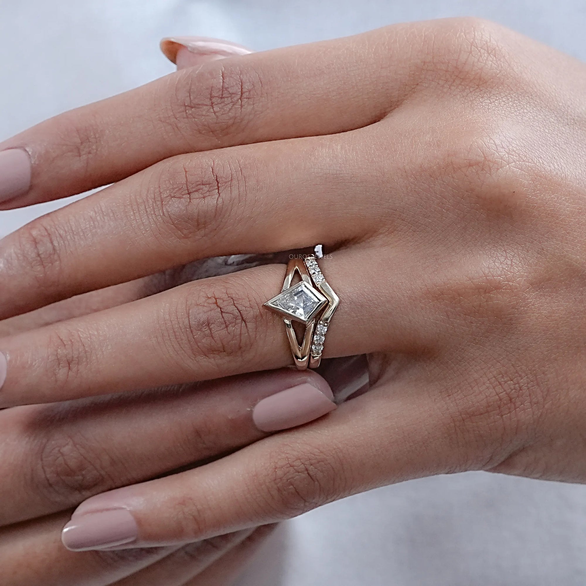 Kite Cut Lab Diamond Bezel Set Bridal Ring Set Rings