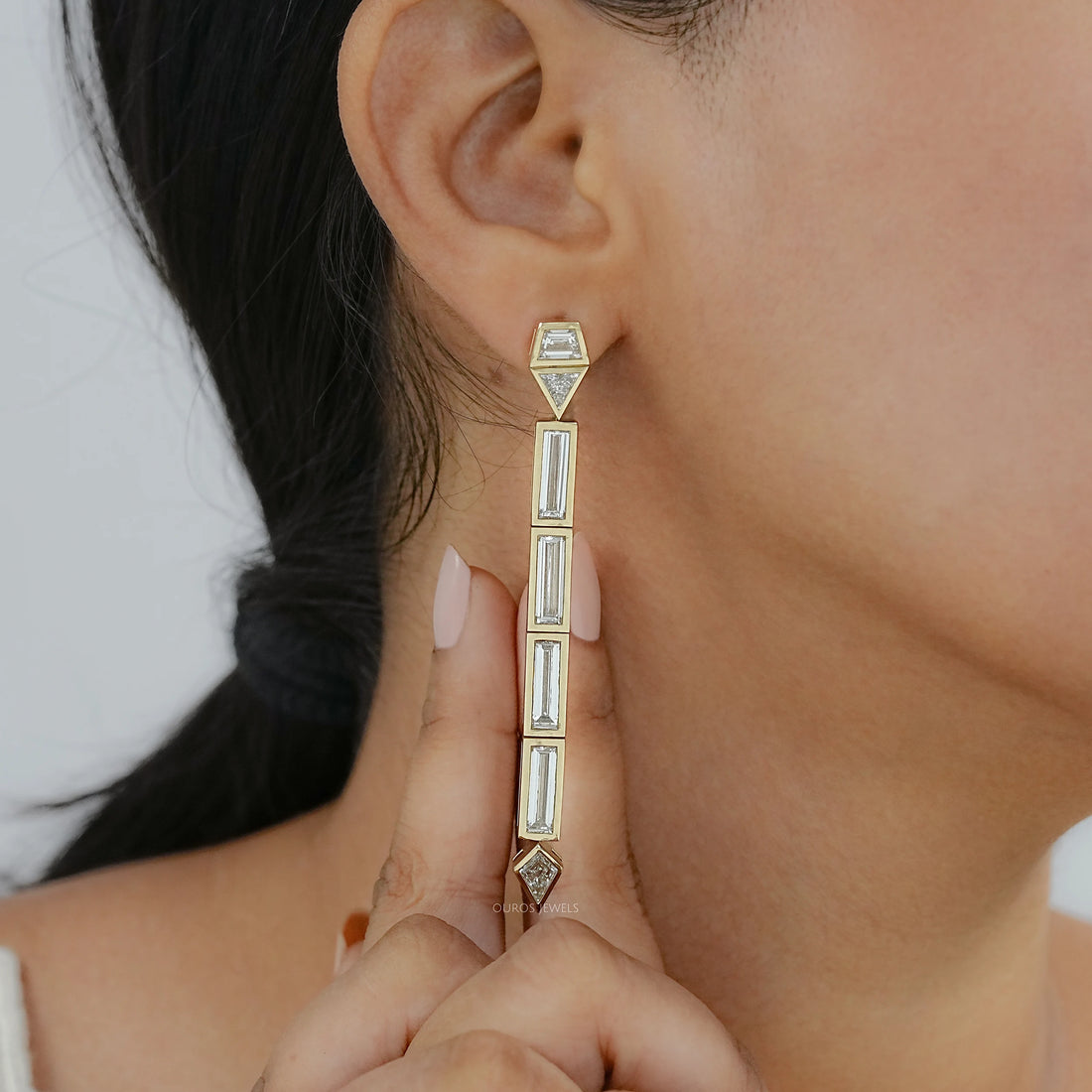 Multi Shape Lab Diamond Bezel Set Linear Drop Earrings Earrings