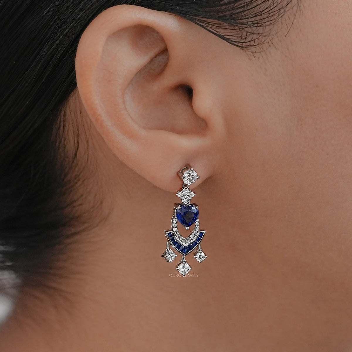 Sapphire Heart And Round Cut Cluster Drop Dangle Earrings Earrings