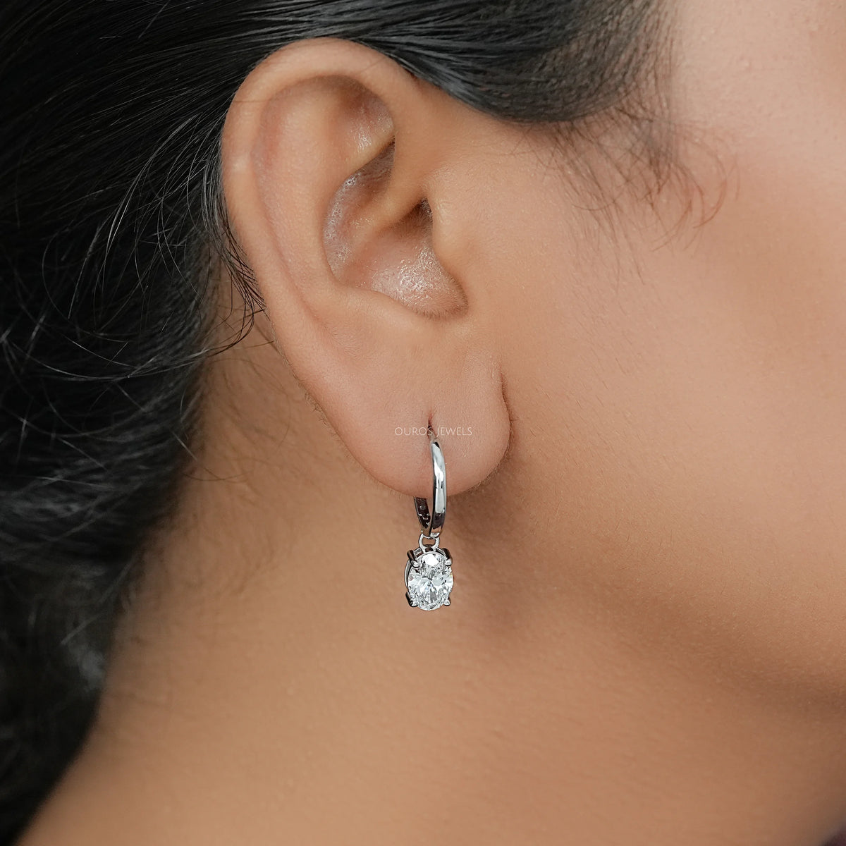 Oval Diamond Dangle Hoop Earrings Earrings