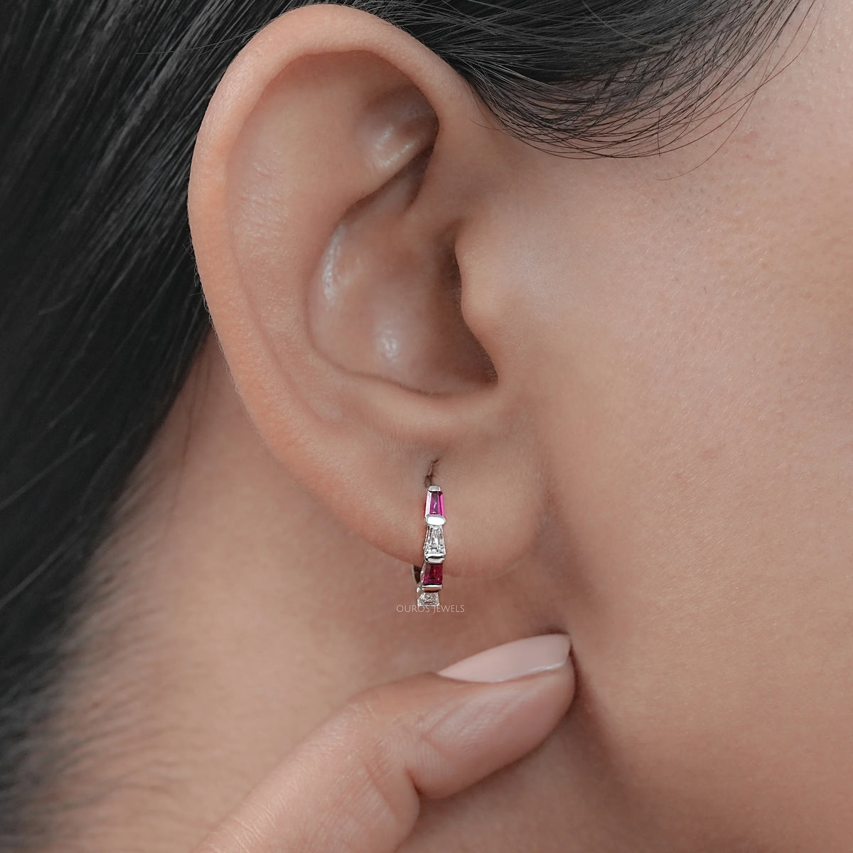 Ruby Tapered Baguette And Lab Diamond Hoop Earrings Earrings