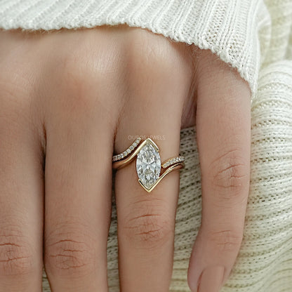 Half Bezel Marquise Lab Diamond Curved Ring Set Rings