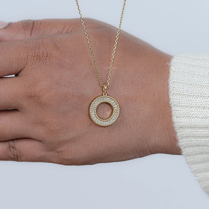 Lab Diamond Open Circle Double Beaded Border Pendant Necklaces