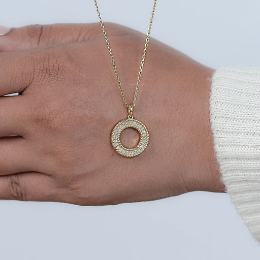 Lab Diamond Open Circle Double Beaded Border Pendant Necklaces