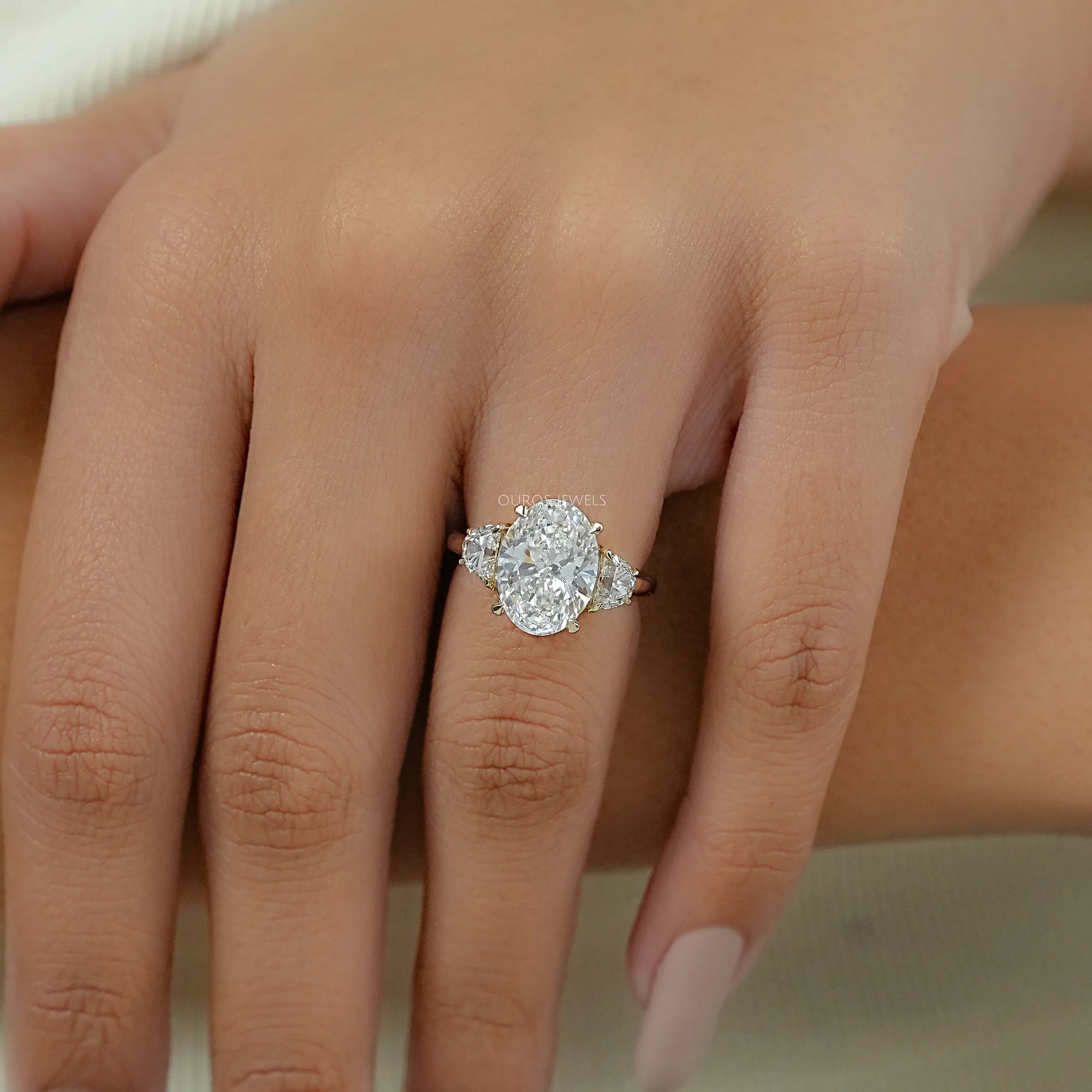 Oval And Half Moon Lab Diamond Three Stone Ring